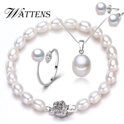 WATTENS Natural Pearl Bracelet necklaces pendant Earrings Ring Jewelry Sets for Women 925 sterling silver Earrings Ring pendant