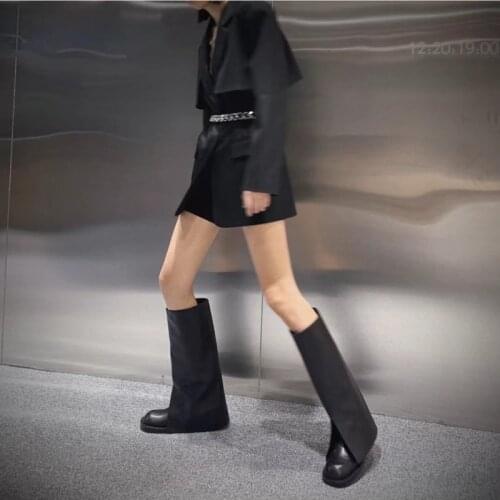 Autumn New Knee-High Boots Women Sexy Motorcy Boots Ladies Round Toe Slip-On Botas De Mujer Winter Shoes Women Botines Mujer