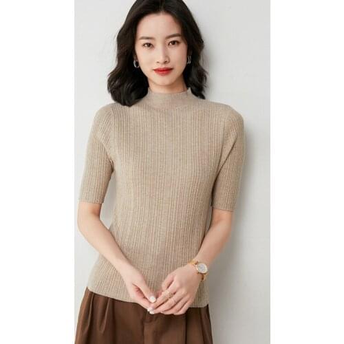 New Spring and Summer Woman Sweater 100% Pure Cotton Half-high neck Half Sleeve Pullover T-shirt Slim Knit Bottoming Tees