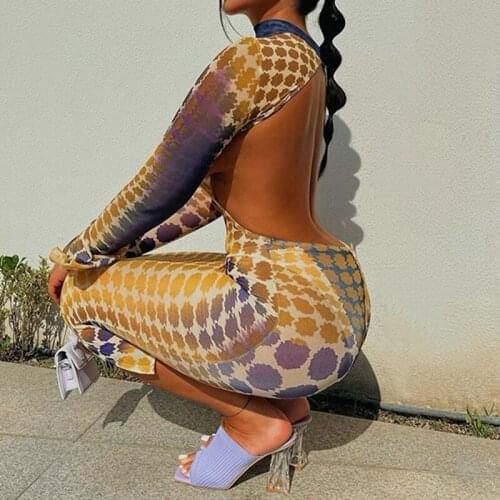 Sexy Skinny Printed Mesh Midi Dress Women Backless Long Sleeve O-neck Pullover Casual Fashion Autumn Streetwear Club Dress 2021