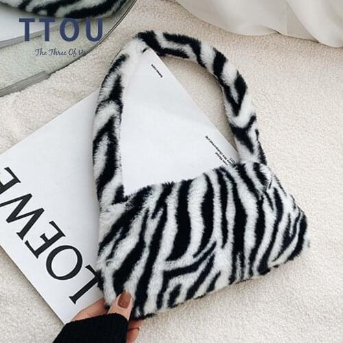 2021 Trend Fashion Women Cow Print Mini Shoulder Bags Female Winter Plush Underarm Bags Leopard Zebra Pattern Fluffy Tote Bags