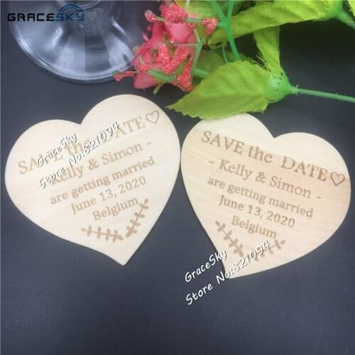50pcs 75*75cm Love Heart laser cut Wooden wedding Save The Date cards Wooded invitation RSVP cards text customized