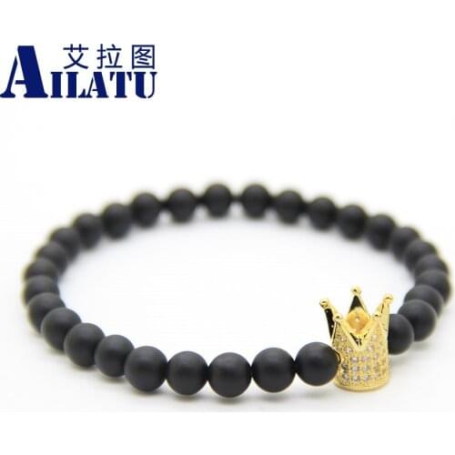 Ailatu Micro Inlay Crown Bracelet For Men and Women Famous Brand 6mm Matte Stone Beads Pulseira Hombres