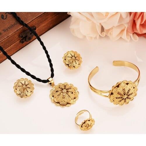 Bangrui 24k Gold Color Bride Wedding Big Pendant Necklace Bangle Earring Ring Africa Eritrea Habesha Ethiopia Set party gifts