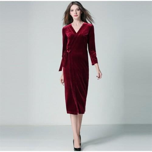 Velvet Bodycon Long Sleeves Midi Party Dress Elegant Slim Vintage Office Work Dress Women Vestidos 2020 Plus Size M-7XL 10 Color