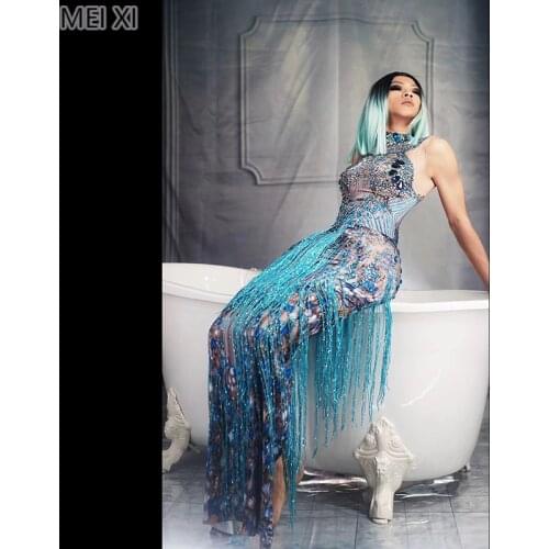 Shiny sleeveless blue rhinestone fringed dress birthday party banquet evening concert ball singer costume