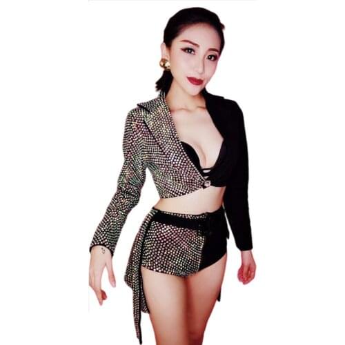 Sparkly AB Rhinestones Outfit Sexy Black Blazer Short Design Party 2 Pieces Set Dj Female Singer Nightclub Dance Skirt Costume