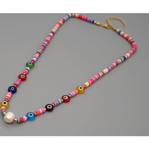 KBJW Bohemian Surf Necklace Stainless Steel Metal 18K Gold Plated Choker Real Pearl Multi-Color Beaded Handmade Jewelry Women