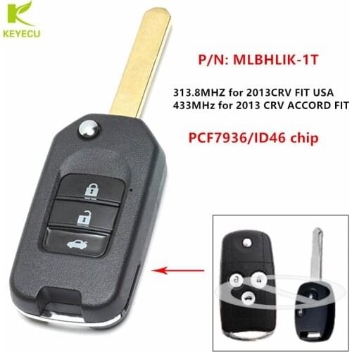 KEYECU Upgraded Flip Remote Key Fob With ID46 chip 313.8MHz for Honda 2013 CRV FIT USA,433MHZ for Honda 2013 CRV ACCORD FIT