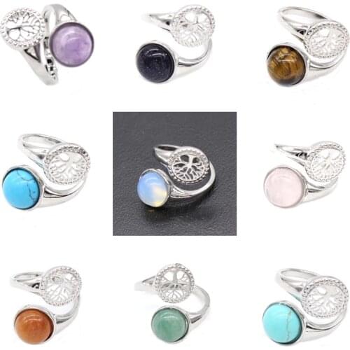 Reiki Natural Gem Stone Finger Ring for Men Women Pink Quartz Tiger Eye Lapis Lazuli Tree of Life Adjustable Ring Jewelry Gifts