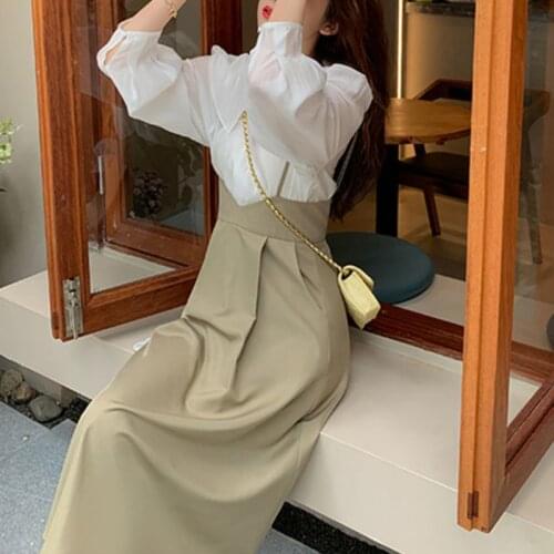 Korea Fashion Pure Color Suit Office Lady Vintage Sweet Skirt+ Long Sleeve Elegant Light Blouse Women Design Casual 2 Piece Set