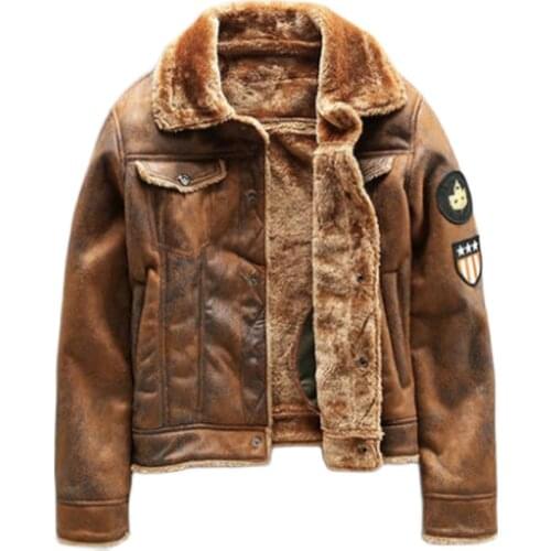 Aviator leather jacket mens velvet thick faux fur jacket mens fur coat jacket autumn and winter brand clothing