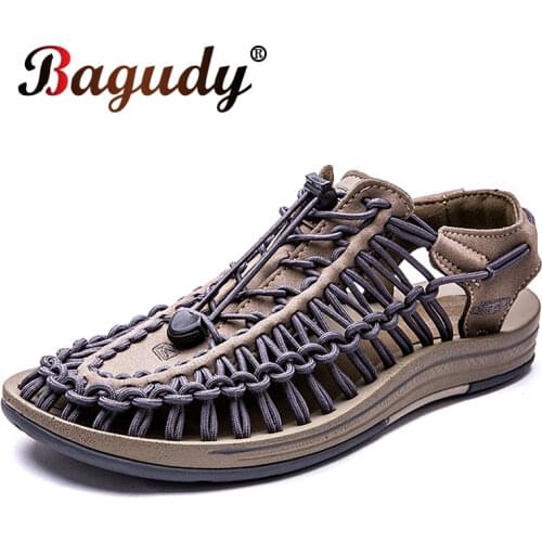 Summer Mens Handmade Weaving Fashion Design Mens Sandals Outdoor Casual Beach Sandals Breathable Soft Bottom Hollow Slippers