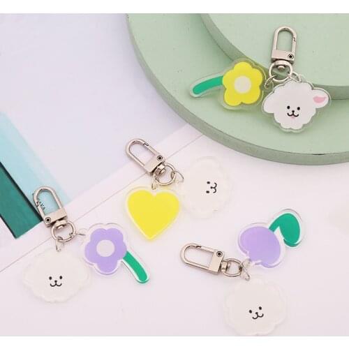 Korean Cute Acrylic Little Flower Keychain Girl Headphone Case Bag Pendant Yellow Heart Cloud Keyring Lover Gift Trinket Jewelry