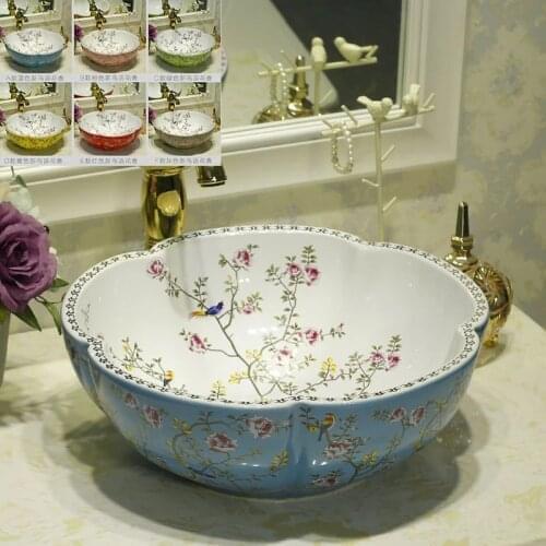Multi-color Flower Shape Countertop Art Wash Ceramic Basin Sinks With Flower Bird Design