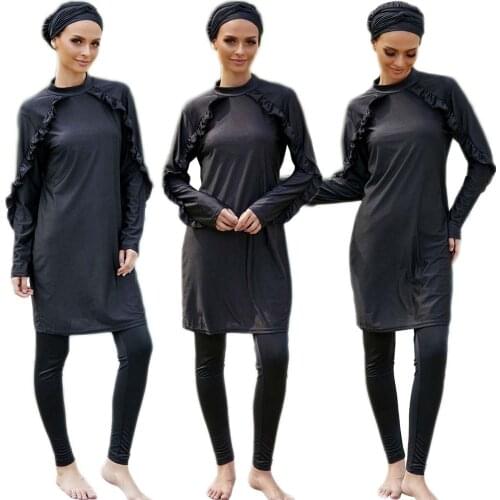 2021 New Long Sleeve Solid Black Muslim Swimwear Women Muslim Swimsuit Burkini Full Cover Ruffle Patchwork Swimming Beach Wear