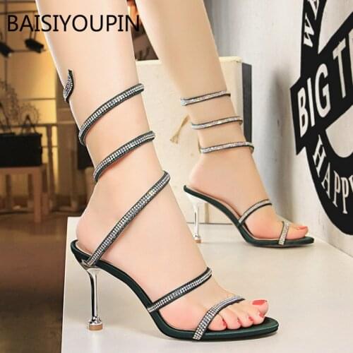 Spring new sexy nightclub banquet womens shoes fine heels high heels snake shape around the ankle wrap sandals blingbling
