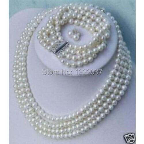 Natural Freshwater Pearl Charming 4 rows white pearl necklace &bracelet& earring SET 6-7MM