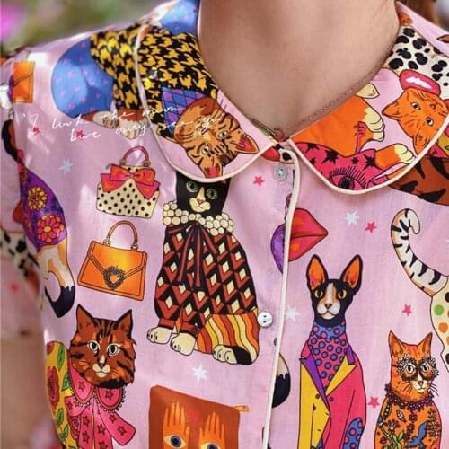 Original 100% Cotton Cat Womens Pajamas Suits with Shorts Loose 2Pcs Women Sets Animal Print Summer Sleepwear Pijama Cute New