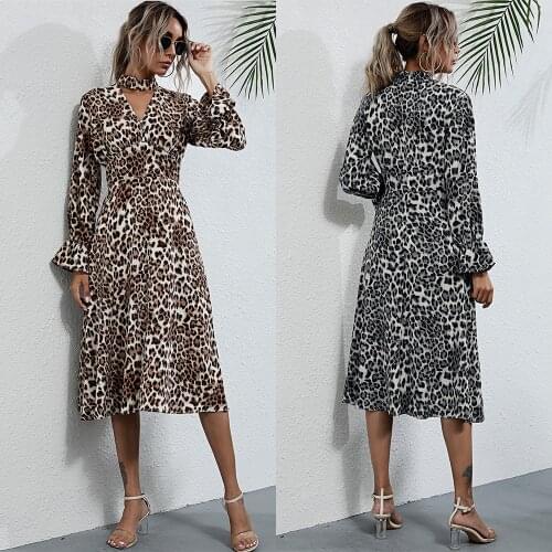 Long Sleeve Dress Summer Autumn Hanging Neck Casual Skirt Leopard Print Woman Clothes V-neck Skirts Hollow Out Female Clothing