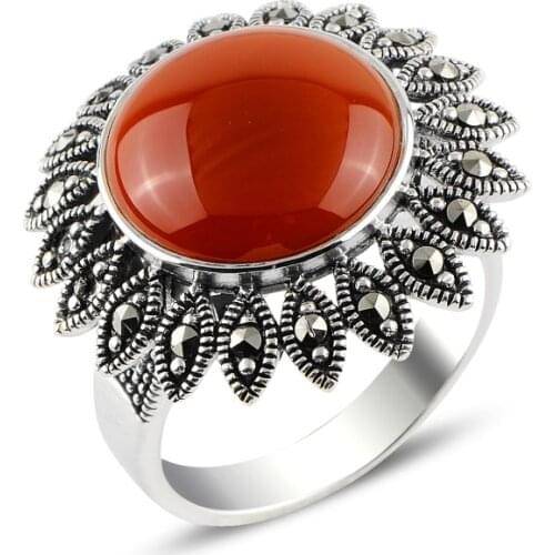 Silver 925 Sterling Red Agate & Marcasite Ring
