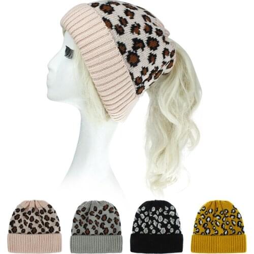 HanXi 2020 Leopard Ponytail Beanie Hats for Women Winter Warm Knitted Yarn Skullie Girls Fashion Ski Cap