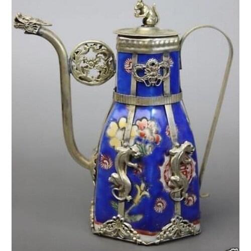 Blue Porcelain Dragon Leopard Tea Pot Vintage Silver old copper Decoration 100% real Tibetan Silver Brassroom Art Statue
