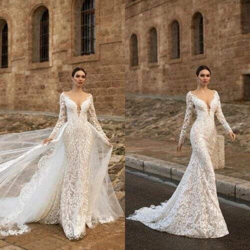 2020 Bohemian Mermaid Wedding Dresses With Detachable Train Sheer V Neck Full Lace Appliqued Long Sleeve Bridal Gowns