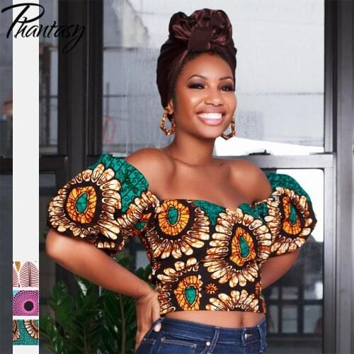 Phantasy Summer Printed Tube Top Womens Tops Fashion Lantern Sleeve Slim Shirt Sexy Slash Neck Super-Short Navel Bare Clothing