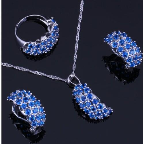 Candy Blue Cubic Zirconia Silver Plated Jewelry Sets Earrings Pendant Chain Ring V0305