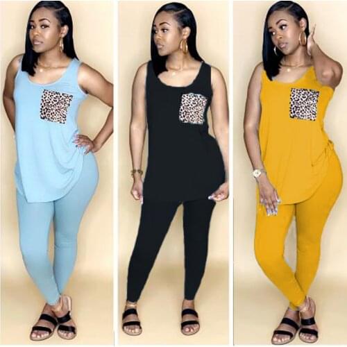 Fnoce 2020 Women Two Pieces Sets Summer Sleeveless O-Neck Tops+Tight Pants Suit Sporty casual Leopard Outfits