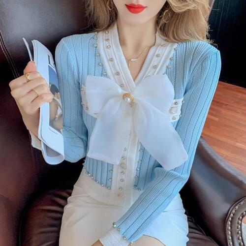 Autumn Sweet Style Knitted Beading Diamonds Cardigan Sweet Women V Neck Mesh Big Bow Long Sleeve Single Breasted Sweater Coat