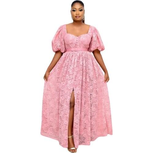 S-5XL Plus Size Women Dresses Lace Dress Lantern Sleeve V-Neck Hollow Out Short Sleeve White Sexy Long Dresses Party Evening
