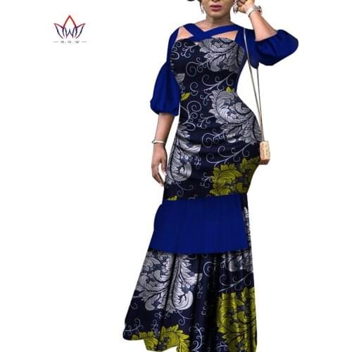 2021 BRW Women Dress African Fabric Dashiki Print Dresses Maxi Half Puff Sleeve Mermaid Dress XS-6XL Clothing WY2465