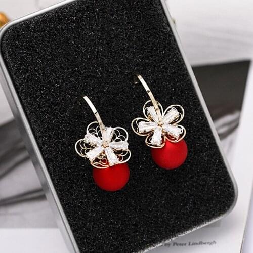 Lively Red Fake Pearl Silver Needle Earrings for Women Female Gold Color Flower Cubic Zirconia Wedding Earring Emo Jewelry Gifts