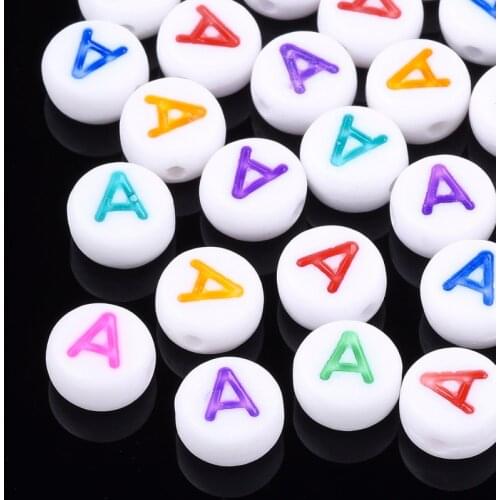 50g Flat Round Alphabet Acrylic Beads Mixed Letters A to Z White for Jewelry Making DIY 7x4mm, Hole: 1.3mm; about 200pcs/50g