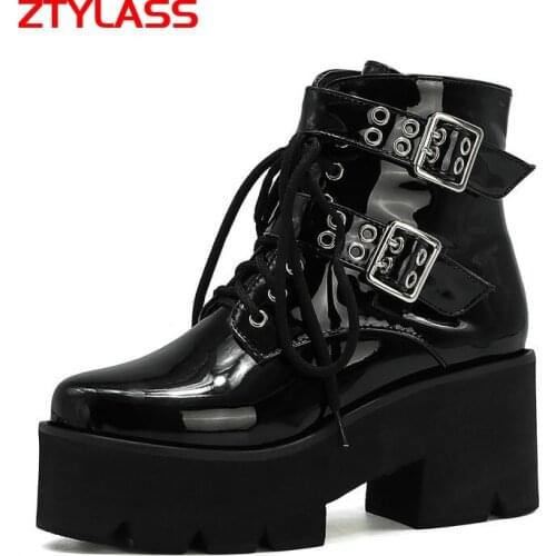 Black Autumn Platform Women Boots Thick High Heel Ankle Boots Lcae Up Zipper Motorcycle Boots Winter Ladies Shoes Size 43