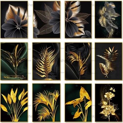 Nordic Canvas Painting Black Golden Plant Leaf Posters and Prints Abstract Wall Art Painting Living Room Decoration Frameless