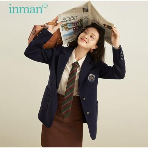 INMAN Womens Coat Winter Preepy Style Embroidery Patch Minimalist Loose Suit Collar Royal Blue Double-sided Woolen Coat