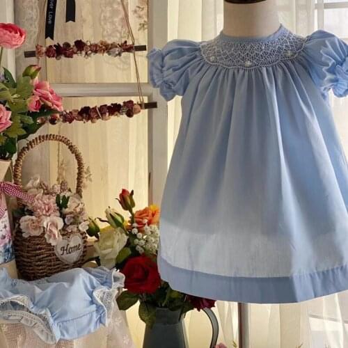 2PCS Summer Restoring ancient ways Turkey Vintage Blue Cotton Short Sleeves Dress For Bady Girls Princess Party Easter Birthday