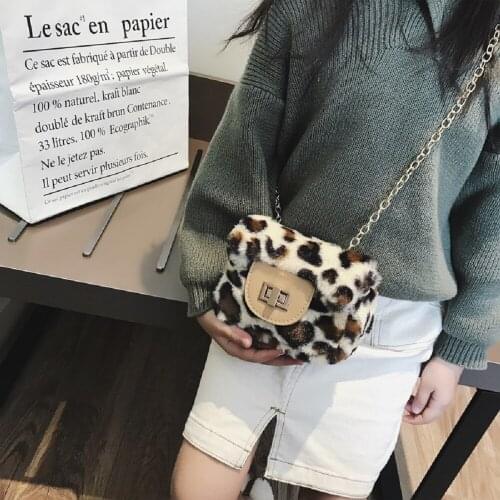2021 Fashion Leopard Print Little Girl Purses Toddler Fluffy Mini Crossbody Handbag Kids Faux Fur Chain Purse