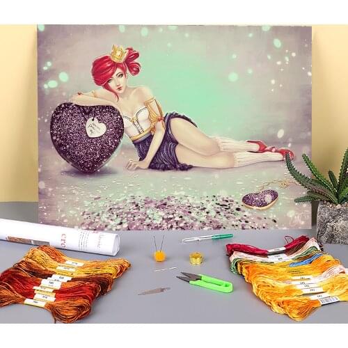 Cartoon Girl Woman Pre-Printed 11CT Cross-Stitch Complete Kit Embroidery DMC Threads Handicraft Painting Knitting Magic