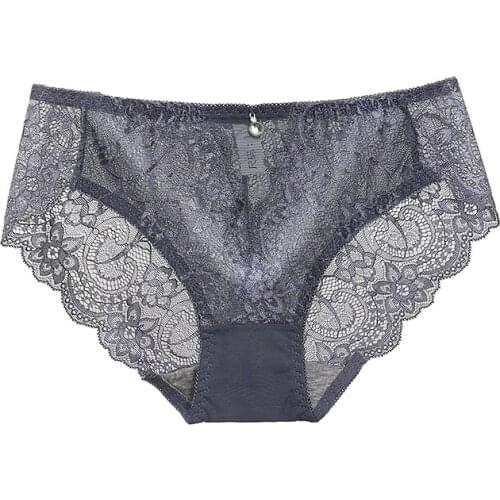 Ultra Thin Breathable Mid-Waist Purified Cotton Crotch Lace Underwear Sexy Women 's Transparent Mesh Hollow-Out Plus Size