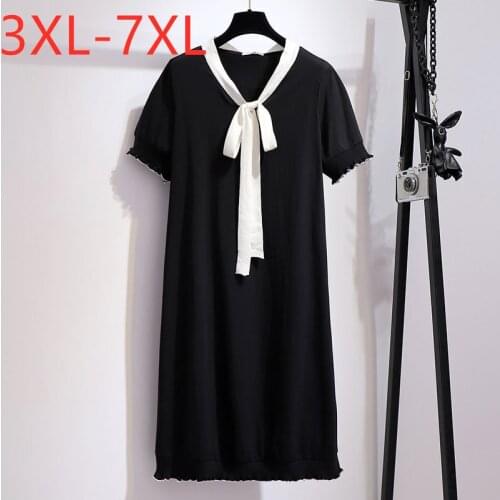 New 2021 summer plus size mini dress for women large short sleeve loose casual black bow neck dresses 3XL 4XL 5XL 6XL 7XL