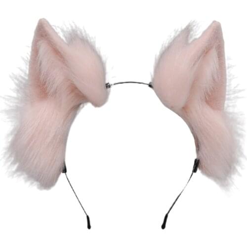 Handmade Simulation Faux Fur Wolf Ears Headband Realistic Solid Color Fluffy Plush Animal Hair Hoop Cosplay Costume