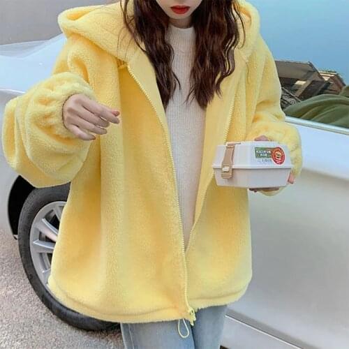 Plus Size Autumn Winter 2021 Lamb Wool Loose Women Coat Hooded Women Jackets Solid Yellow Sweet Cute chaquetas mujer Oversize