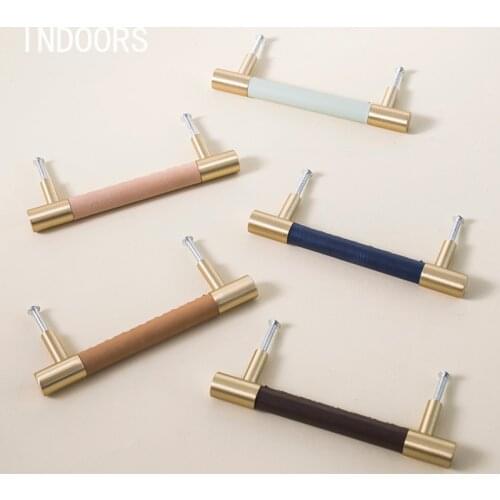Brass Long Handle Cabinet Door Drawer Cabinet Double Hole Handle Nordic Simple Original Design Handmade Leather Pull