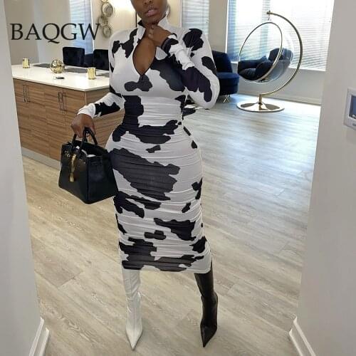 Cow Print Fashion Long Sleeve Straight Dress for Women Turtleneck Zipper Elegant Bodycon Party Night Slim Mid-calf Dresses S-2XL