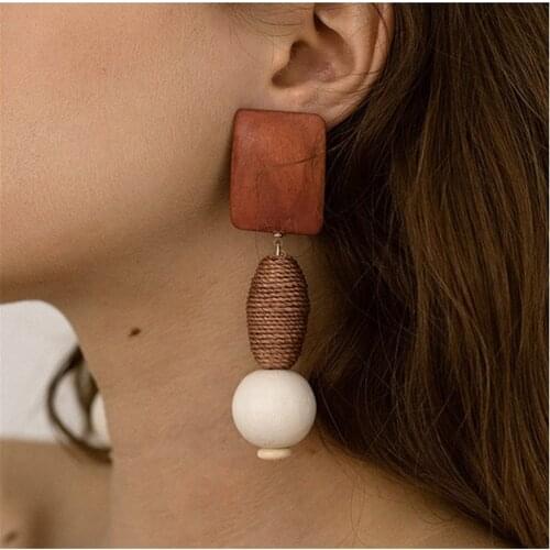 SexeMara New Fashion Linen Hemp Rope Ball Rattan Hit Color Wood Long Round Drop Earring Women Jewelry Geometry Boucle D'oreille