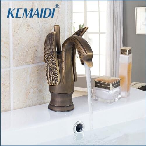 KEMAIDI Retro Short Swan Antique Brass Bathroom 97090 Single Handle Deck Mounted Wash Basin Sink Vessel Torneira Faucet Mixer T